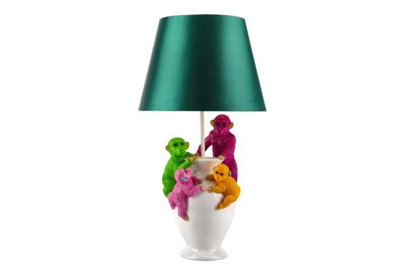 Lampa stołowa MONKEY 55 cm – wielokolorowa z biało-zielonym kloszem 48028