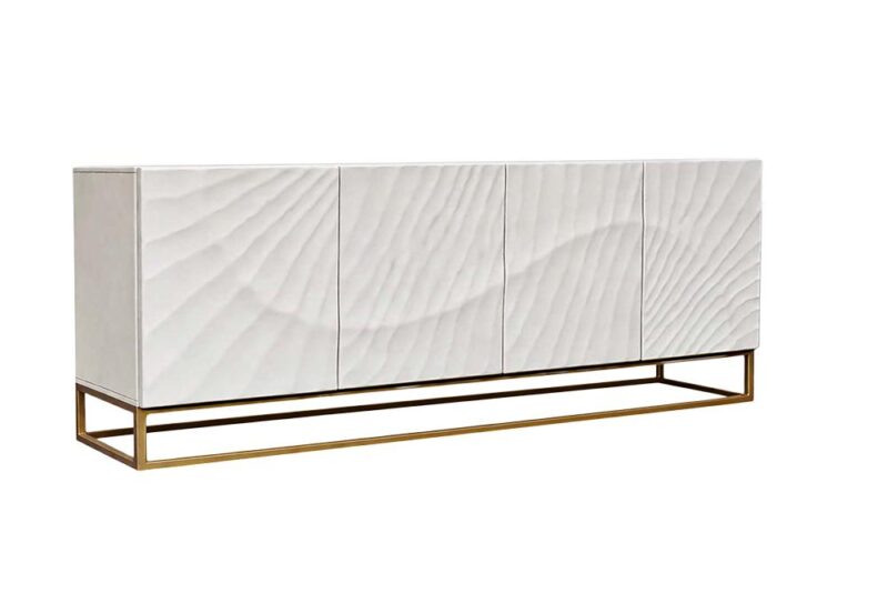 Komoda SCORPION 180 cm – biała komoda 3D z drewna mango na złotych nogach 48789