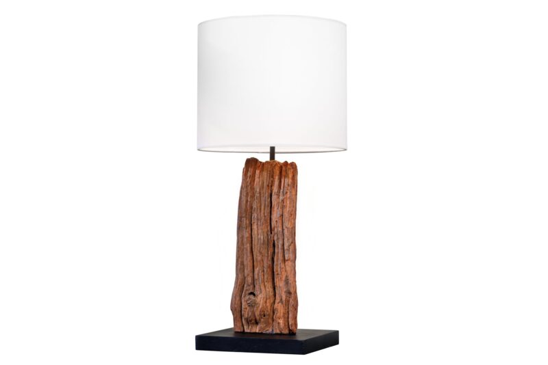 Lampa stołowa ROUSILIQUE 60 cm – drewno driftwood, biały bawełniany klosz 43451