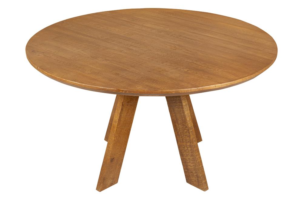 Stół jadalniany ART WOOD Ø120 cm – okrągły, drewno mango Brown Honey Finish 49146 Średnica blatu: Ø120 cm Wysokość: 76 cm Kształt blatu: okrągły Grubość blatu – krawędź / środek: 40 / 25 mm Odległość od podłogi do dolnej krawędzi blatu: 72 cm Rozstaw nóg: 37 cm Odległość od krawędzi blatu do nóg: 43 cm Wymiary nóg: 3 × 12 cm Kolor: brązowy / Honey Finish / miodowobrązowy Materiał: drewno mango Wykończenie powierzchni: lakierowane Maksymalne obciążenie: ok. 45 kg Waga netto: 25,84 kg