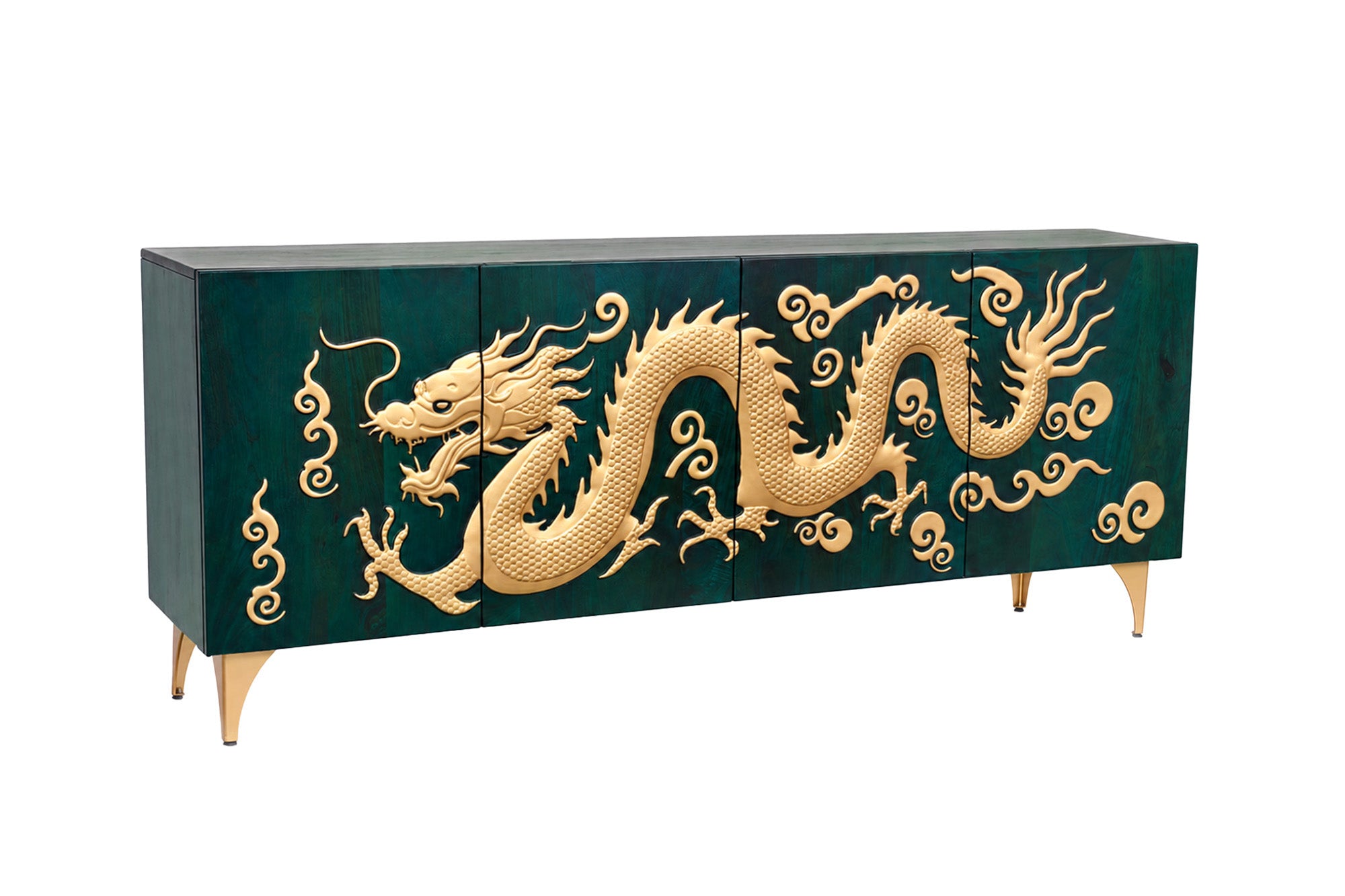 Komoda DRAGON 180 cm – drewno mango, turkusowa, front 3D ze smokiem 49493
