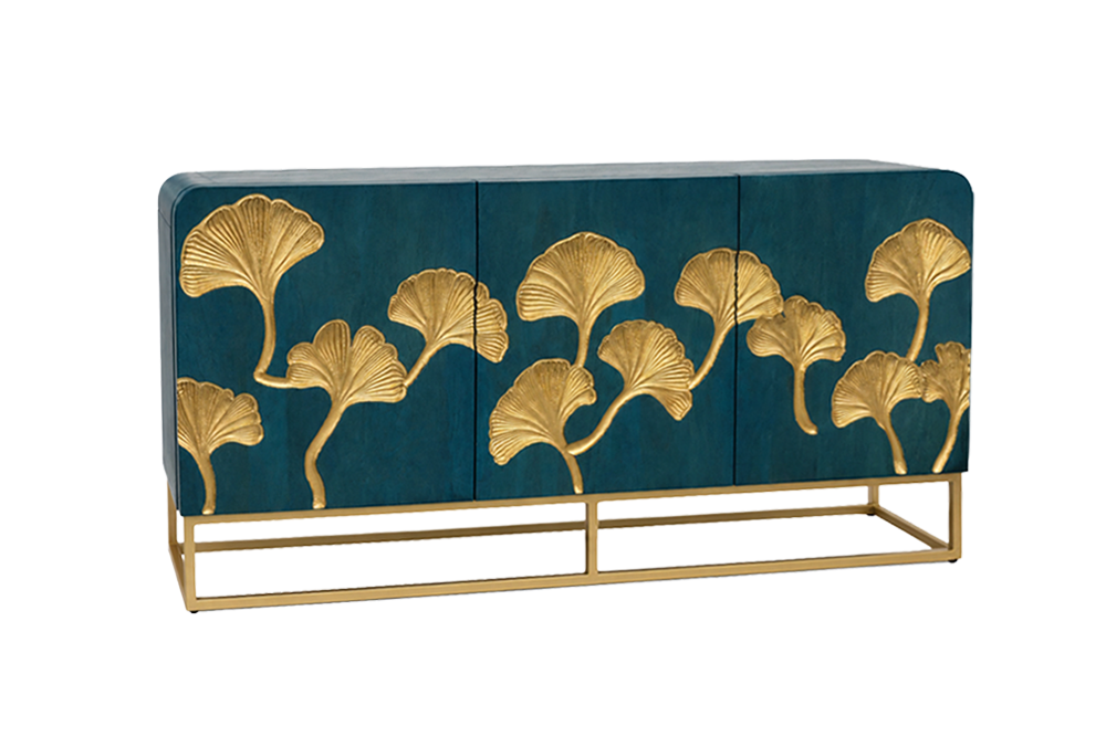 Komoda GINKGO 160 cm – drewno mango, turkusowa, front 3D 49494